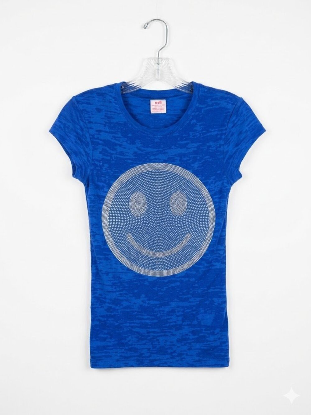 E.VIL Queen of Evil Blue Burnout T-Shirt Rhinestone Crystal Smiley Face S Y2K